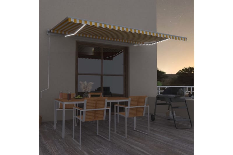 markise m. LED + vindsensor 500x350 cm automatisk gul/hvid - Gul - Havemøbler - Solafskærmning - Markiser - Balkonmarkise
