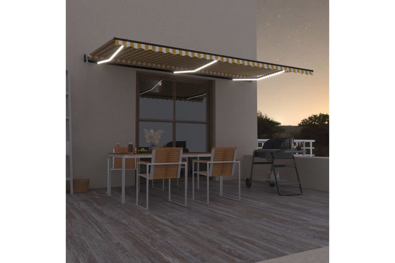 markise m. LED + vindsensor 600x350 cm automatisk gul/hvid - Gul - Havemøbler - Solafskærmning - Markiser - Balkonmarkise