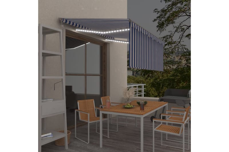 markise m. rullegardin + LED + vindsensor 3x2,5 m auto - Blå - Havemøbler - Solafskærmning - Markiser - Vinduesmarkise