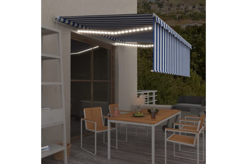 markise m. rullegardin + LED-lys 4,5x3 m manuel blå og hvid - Blå - Vinduesmarkise - Markiser - Solbeskyttelse vindue