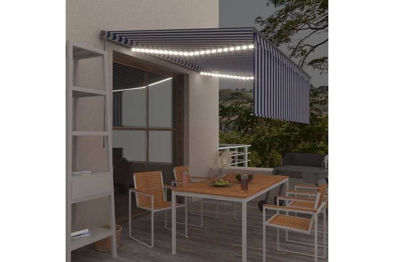 markise m. rullegardin + LED-lys 4,5x3 m manuel blå og hvid - Blå - Vinduesmarkise - Markiser - Solbeskyttelse vindue