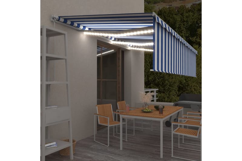 markise m. rullegardin + LED-lys 6x3m manuel blå og hvid - Blå - Vinduesmarkise - Markiser - Solbeskyttelse vindue