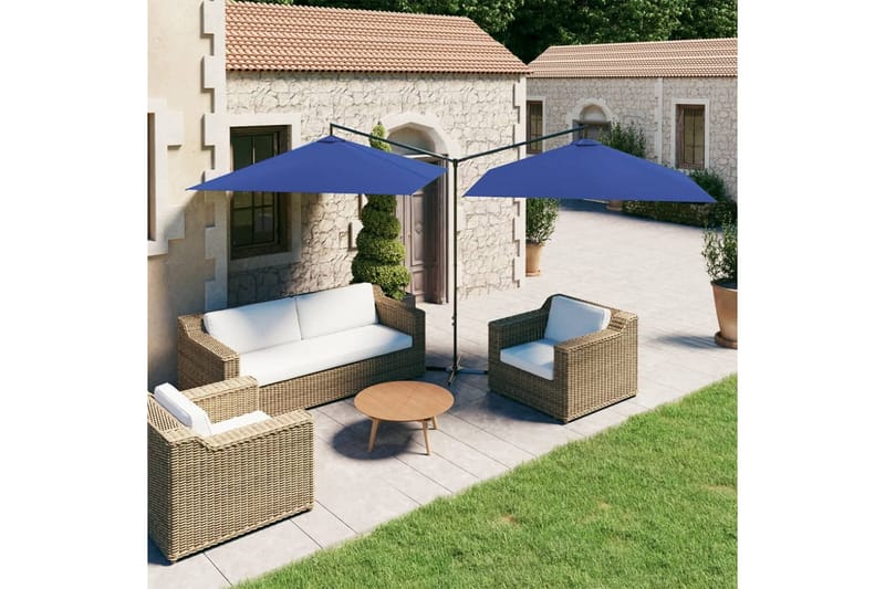 dobbelt parasol med stålstang 600x300 cm azurblå - Blå - Havemøbler - Solafskærmning - Parasoller