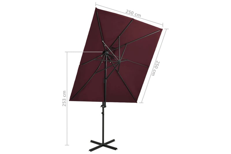 hængeparasol med dobbelt top 250x250 cm bordeauxrød - Rød - Havemøbler - Solafskærmning - Parasoller - Hængeparasol