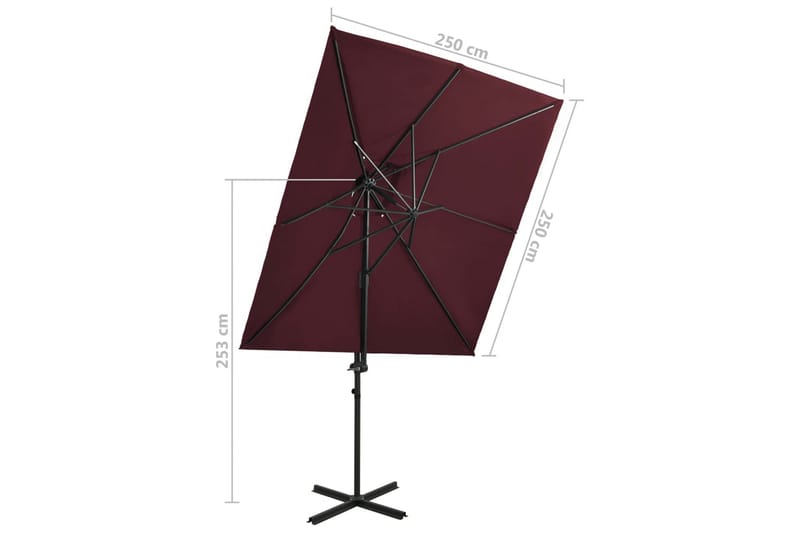 hængeparasol med dobbelt top 250x250 cm bordeauxrød - Rød - Hængeparasol