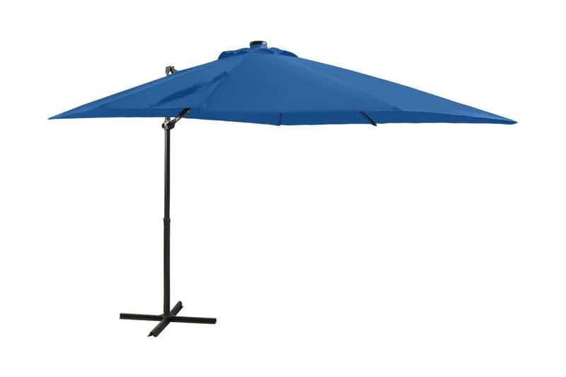 hængeparasol med stang og LED-lys 250 cm azurblå - Blå - Havemøbler - Solafskærmning - Parasoller - Hængeparasol