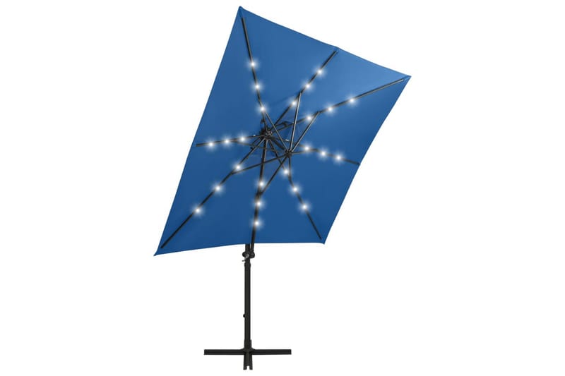 hængeparasol med stang og LED-lys 250 cm azurblå - Blå - Havemøbler - Solafskærmning - Parasoller - Hængeparasol