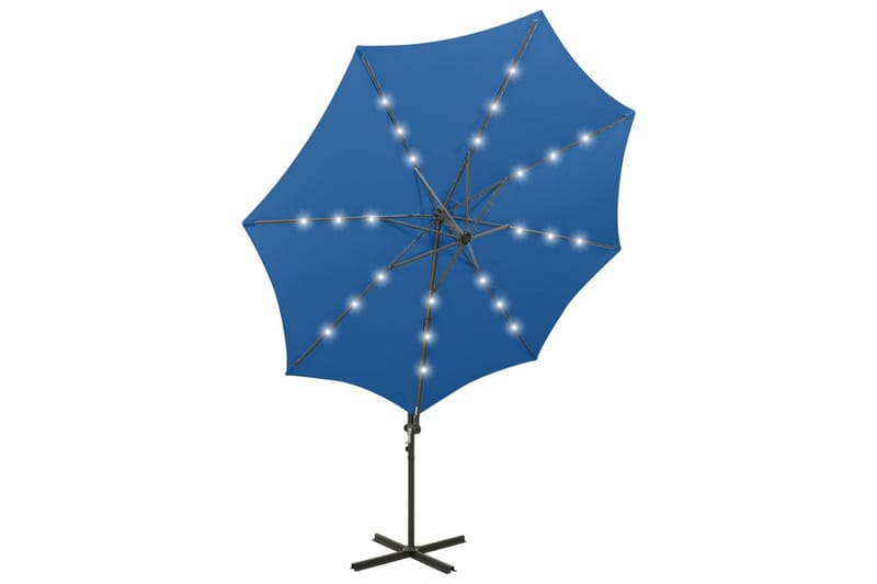 hængeparasol med stang og LED-lys 300 cm azurblå - Blå - Parasoller