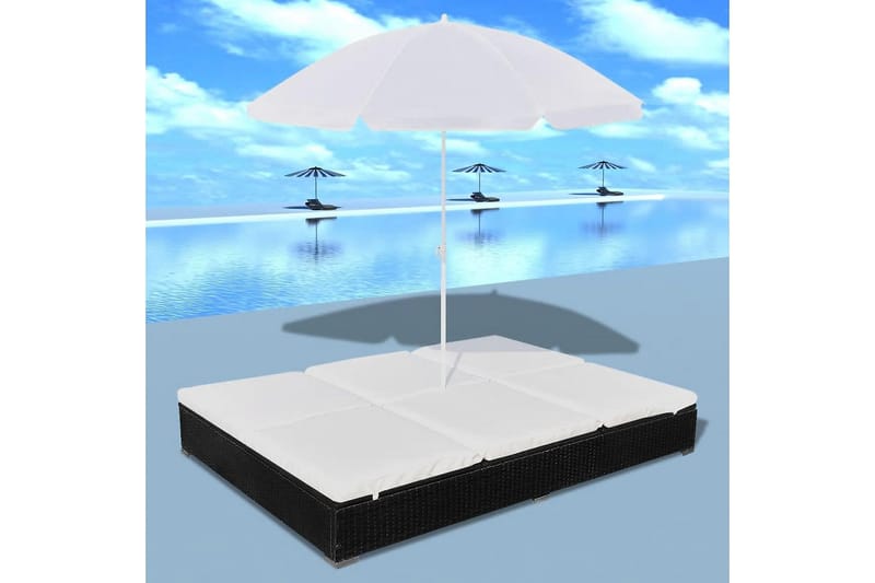 Loungeseng Med Parasol Polyrattan Sort - Sort - Havemøbler - Solafskærmning - Parasoller