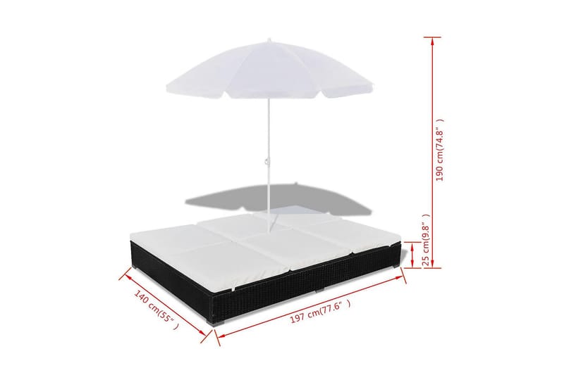 Loungeseng Med Parasol Polyrattan Sort - Sort - Havemøbler - Solafskærmning - Parasoller