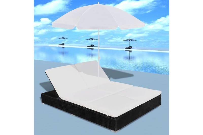 Loungeseng Med Parasol Polyrattan Sort - Sort - Havemøbler - Solafskærmning - Parasoller