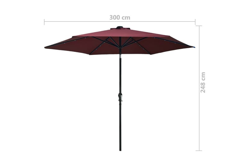 parasol m. LED-lys og stålstang 300 cm bordeauxrød - Rød - Parasoller