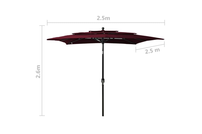 parasol med aluminiumsstang i 3 niveauer 2,5x2,5 m bordeaux - Parasoller