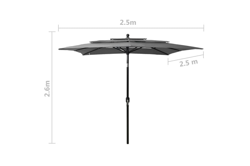 parasol med aluminiumsstang i 3 niveauer 2,5x2,5 mgrå - Parasoller