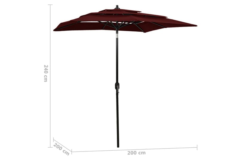 parasol med aluminiumsstang i 3 niveauer 2x2 m bordeaux - Parasoller