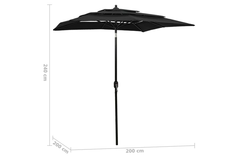 parasol med aluminiumsstang i 3 niveauer 2x2 m sort - Havemøbler - Solafskærmning - Parasoller