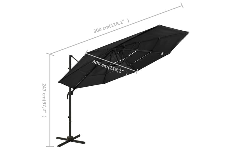 parasol med aluminiumsstang i 4 niveauer 3x3 m sort - Sort - Parasoller