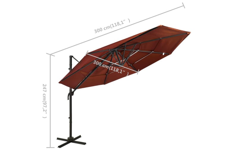 parasol med aluminiumsstang i 4 niveauer 3x3 m terrakotta - Parasoller