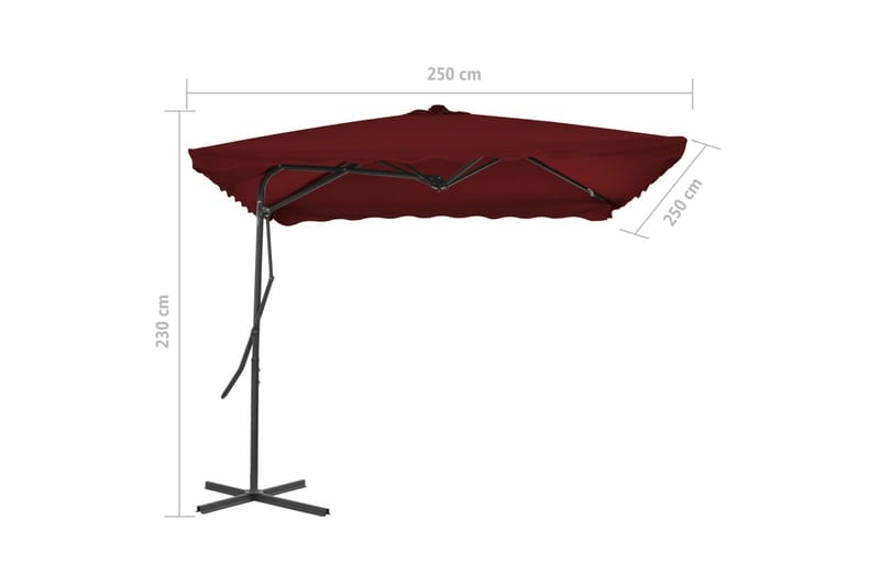 Parasol med stålstang 250x250x230 cm bordeauxfarvet - Rød - Havemøbler - Solafskærmning - Parasoller