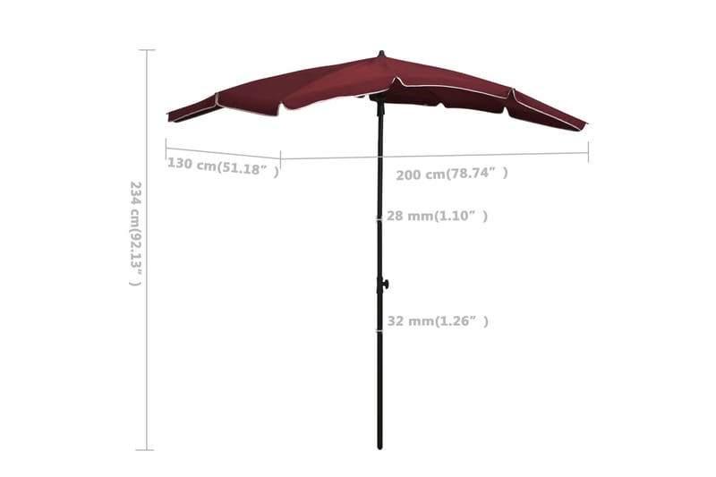 parasol med stang 200x130 cm bordeaux - Rød - Havemøbler - Solafskærmning - Parasoller