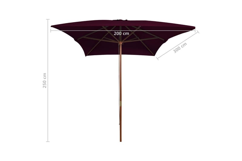 parasol med træstang 200x300 cm bordeauxfarvet - Rød - Havemøbler - Solafskærmning - Parasoller