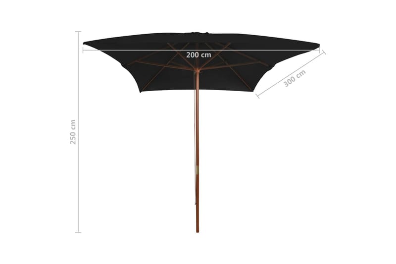 parasol med træstang 200x300 cm sort - Sort - Havemøbler - Solafskærmning - Parasoller