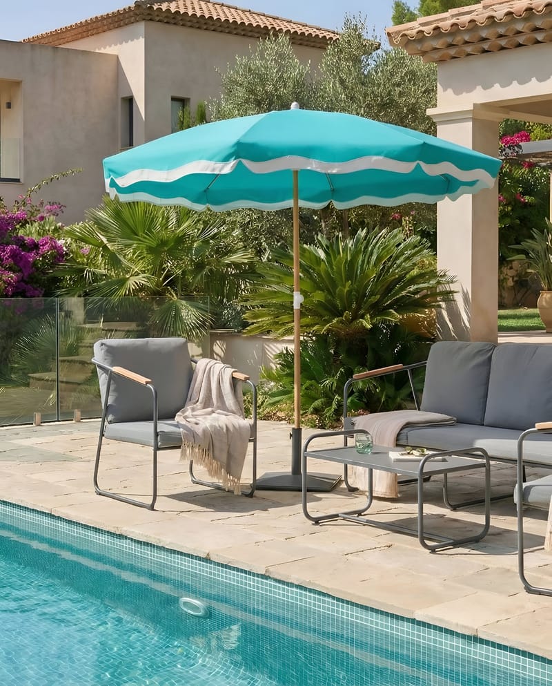 Parasol udendørs 232 cm Sestriere - blå/hvid/brun - Havemøbler - Solafskærmning - Parasoller - Balkonparasol