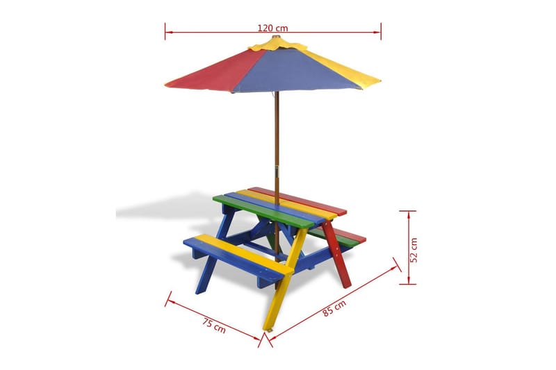 Picnicbord Og Bænk Til Børn Med Parasol Fire Farver - Flerfarvet - Havemøbler - Solafskærmning - Parasoller
