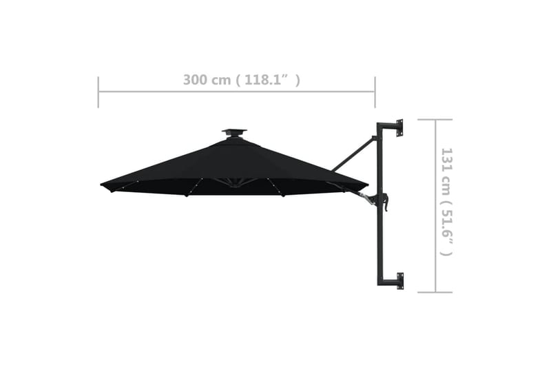 væghængt parasol med LED-lys og metalstang 300 cm sort - Sort - Parasoller