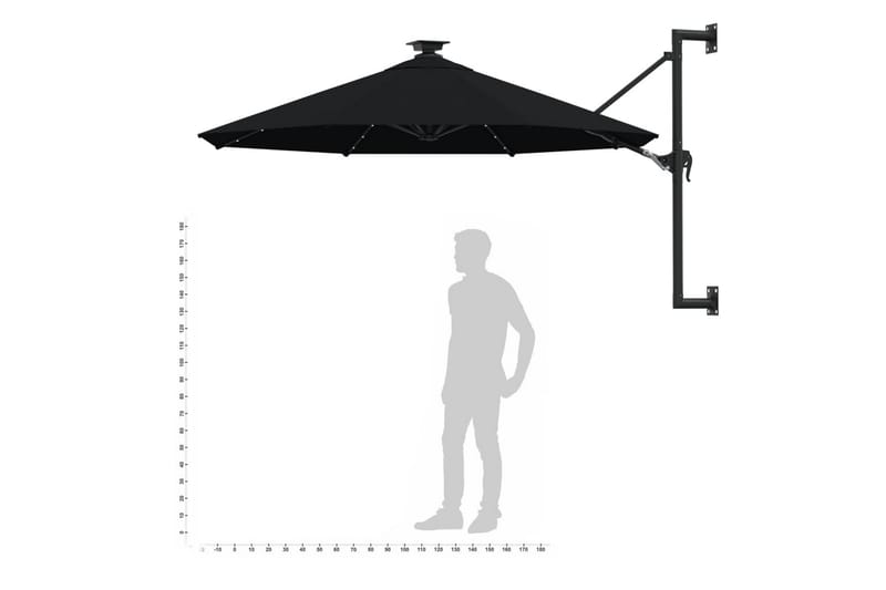 væghængt parasol med LED-lys og metalstang 300 cm sort - Sort - Parasoller