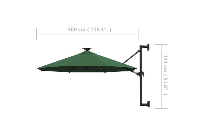 væghængt parasol med LED og metalstang 300 cm grøn - Grøn - Havemøbler - Solafskærmning - Parasoller