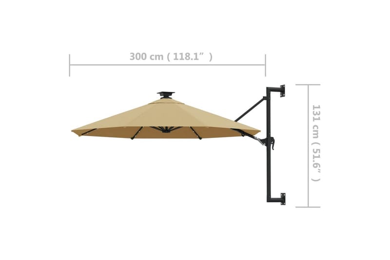 væghængt parasol med LED metalstang 300 cm gråbrun - Gråbrun - Havemøbler - Solafskærmning - Parasoller