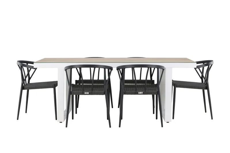 Merlo Spisegruppe 200 cm + 6 stk Stina Spisestole Sort/Hvid - Havemøbler - Udendørsgruppe - Havesæt