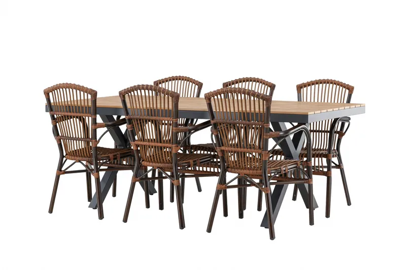 Garcia Spisegruppe 200 cm + 6 stk Galera Spisestole Brun/Sort - Havemøbler - Udendørsgruppe - Havesæt