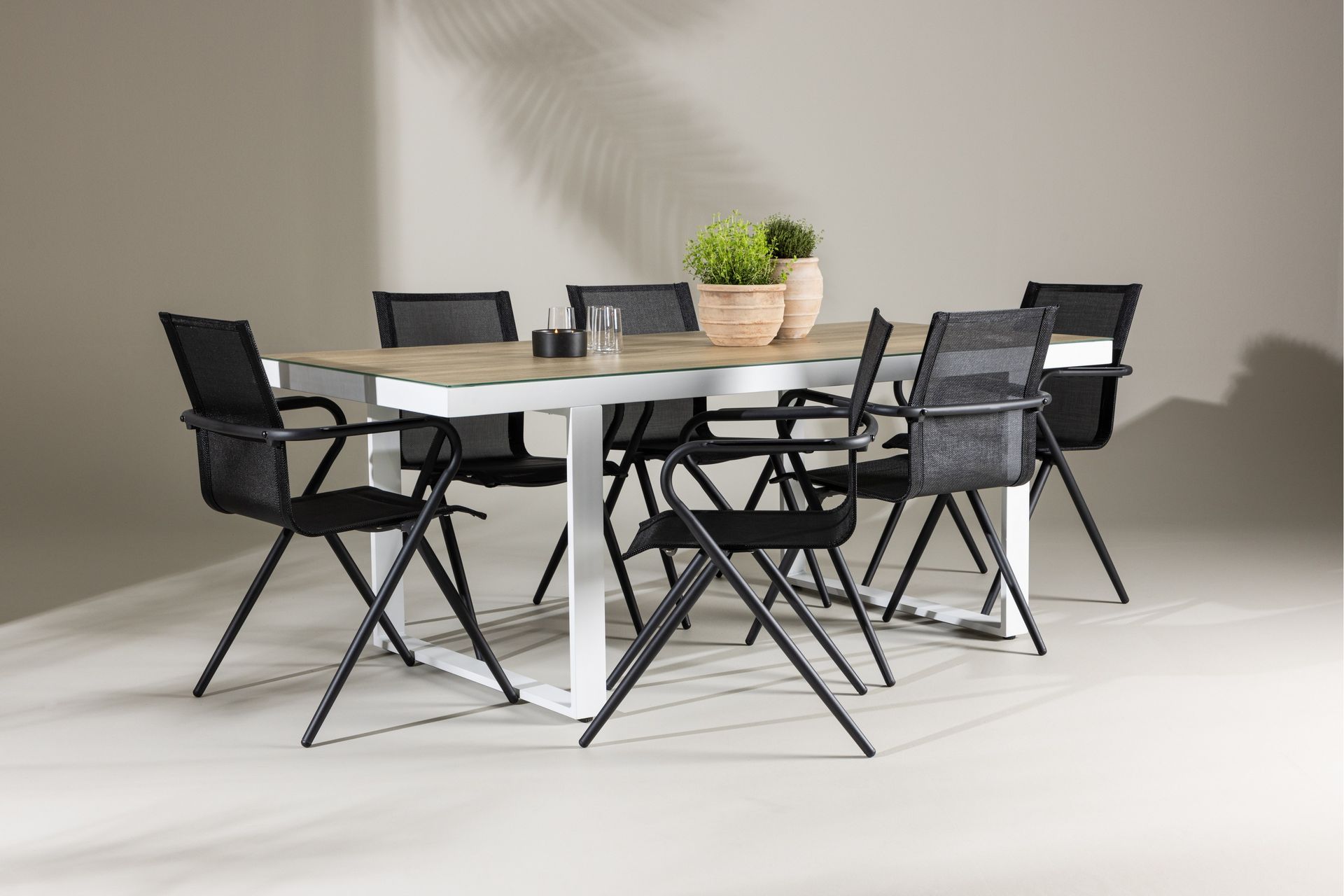 Merlo Spisegruppe 200 cm + 6 stk Alling Spisestole Sort/Hvid - Havemøbler - Udendørsgruppe - Havesæt