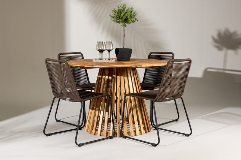 Lumpur Spisegruppe Rund 120 cm + 4 stk Lindos Spisestole Brun - Havemøbler - Udendørsgruppe - Havesæt