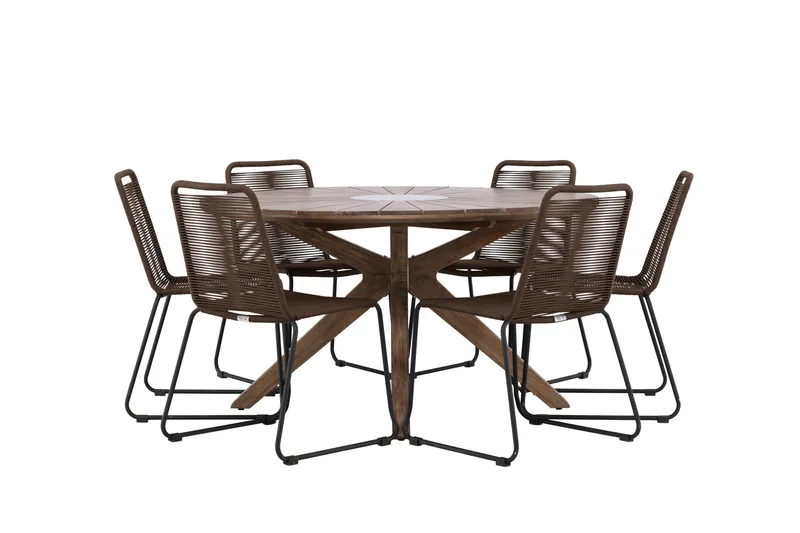 Rosario Spisegruppe Rund 140 cm + 6 stk Lindos Spisestole Brun, undefined