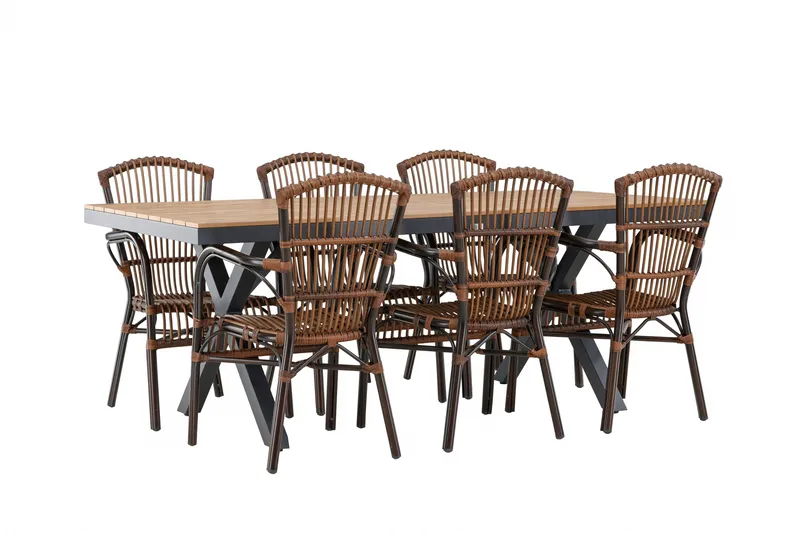 Garcia Spisegruppe 200 cm + 6 stk Galera Spisestole Brun/Sort - Havemøbler - Udendørsgruppe - Havesæt