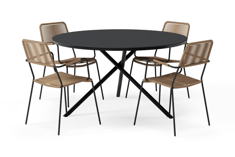 Alex Rundt Spisebord 140 cm med 4 Lindos Spisestole - Sort - Havemøbler - Udendørsgruppe - Havesæt
