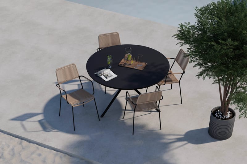 Alex Rundt Spisebord 140 cm med 4 Lindos Spisestole - Sort - Havemøbler - Udendørsgruppe - Havesæt