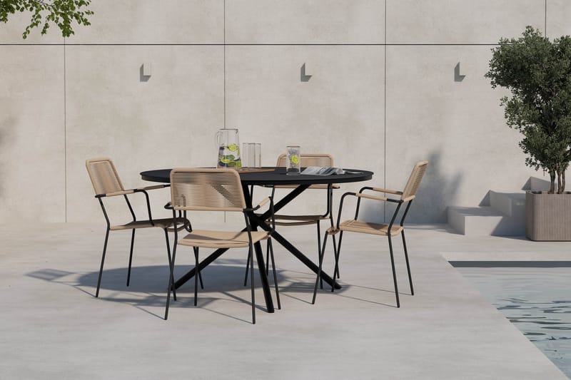 Alex Rundt Spisebord 140 cm med 4 Lindos Spisestole - Sort - Havemøbler - Udendørsgruppe - Havesæt