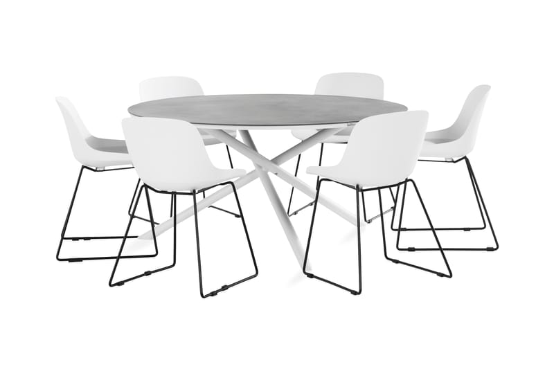 Alex Spisebordssæt Rund + 6 Lecce Spisestole - Hvid / grå - Havesæt