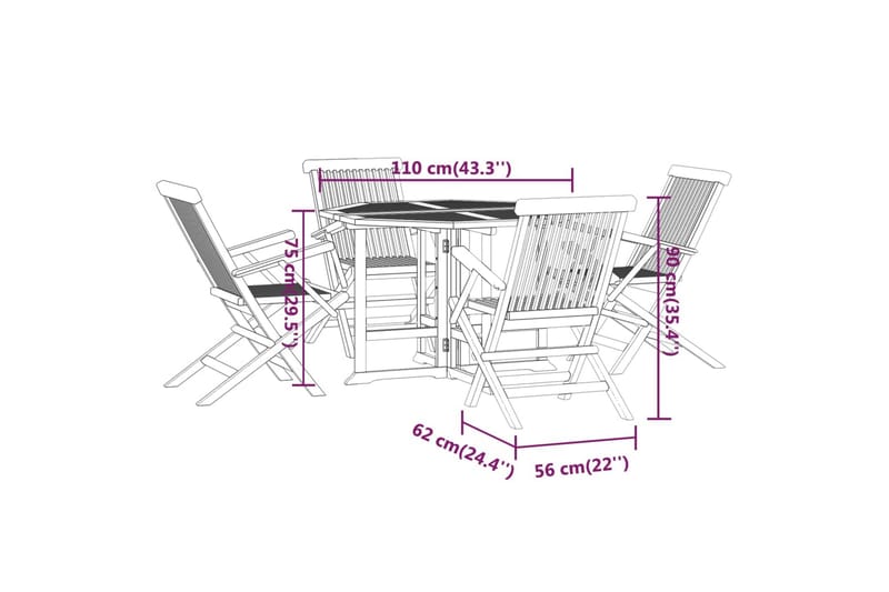 beBasic udendørs spisebordssæt 5 dele foldbart massivt teaktræ - Brun - Havesæt