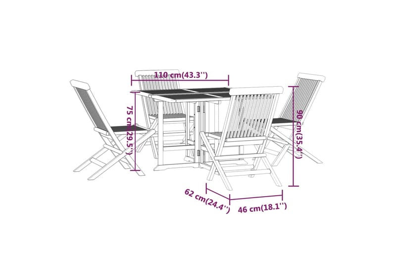 beBasic udendørs spisebordssæt 5 dele foldbart massivt teaktræ - Brun - Havesæt