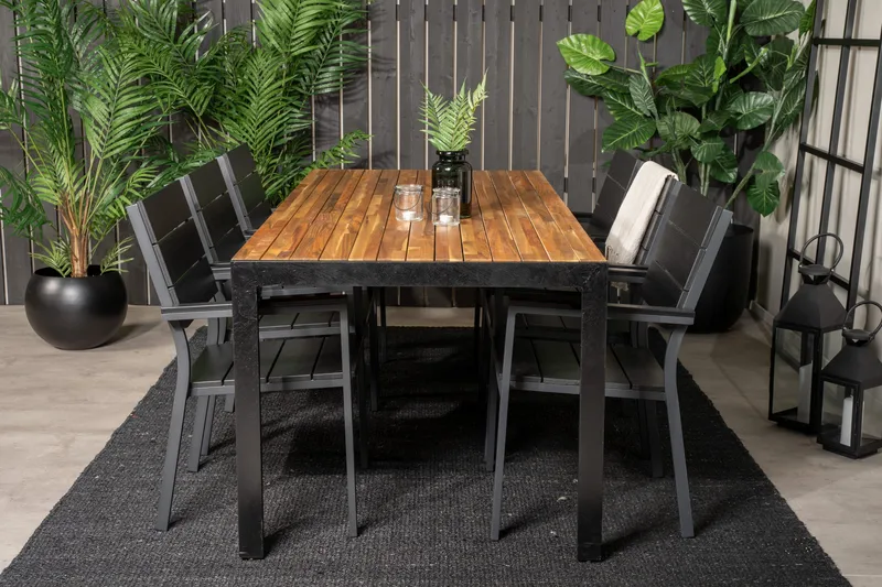 Bois Spisebordssæt 200cm + 6 Levels Stabelbare stole, Sort