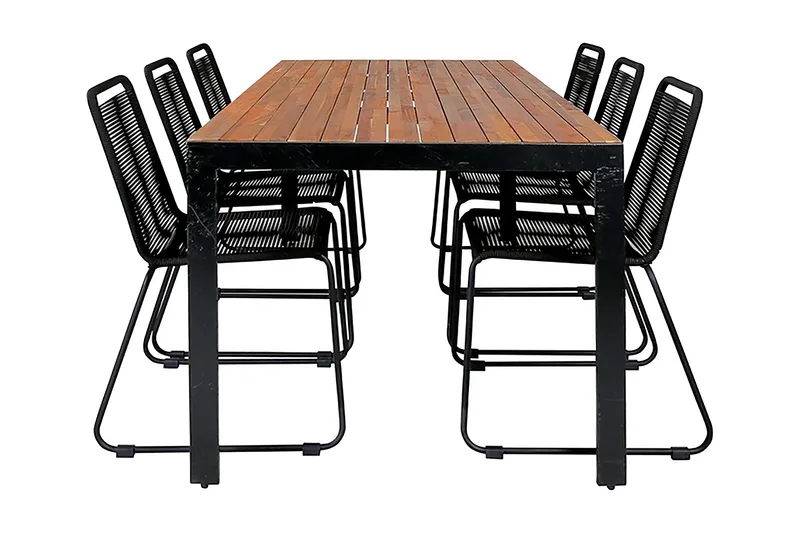 Bois Spisebordssæt 205cm + 6 Lindos Stabelbare stole, Sort/Grå