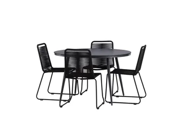 Break rundt udendørs spisebordssæt 120 cm + 4 Lindos stabelbare stole - Sort - Havemøbler - Udendørsgruppe - Havesæt