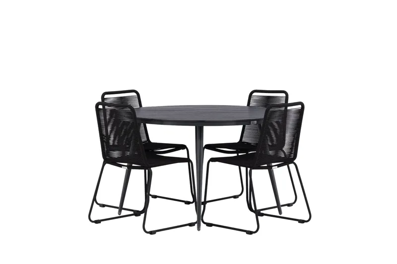 Break rundt udendørs spisebordssæt 120 cm + 4 Lindos stabelbare stole, Sort