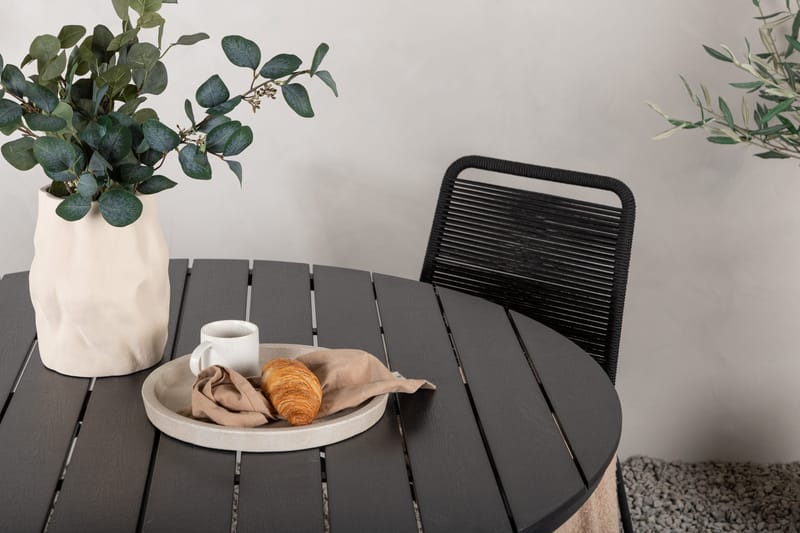Break rundt udendørs spisebordssæt 120 cm + 4 Lindos stabelbare stole - Sort - Havemøbler - Udendørsgruppe - Havesæt