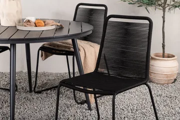 Break rundt udendørs spisebordssæt 120 cm + 4 Lindos stabelbare stole - Sort - Havemøbler - Udendørsgruppe - Havesæt